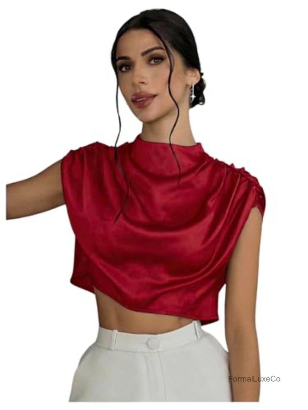 Satin Ruched Keyhole Back Crop Blouse Office Business Top